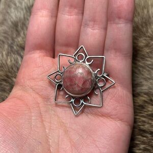 Sterling silver open work rhodochrosite sun brooch